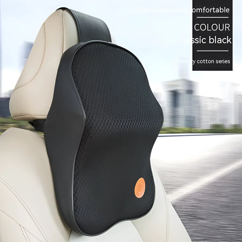 Black and brown memory foam car headrest pillow and lumbar support cushion set on a car seat.