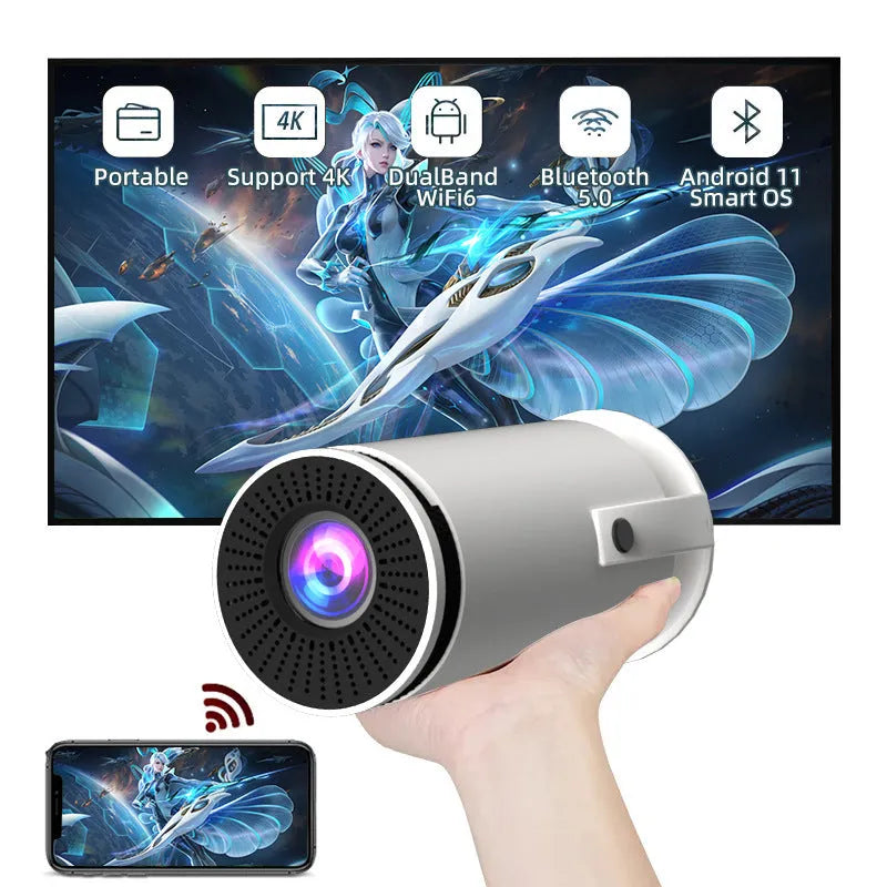 White barrel-shaped Hy300 smart projector with 720p 120ANSI resolution for home cinema