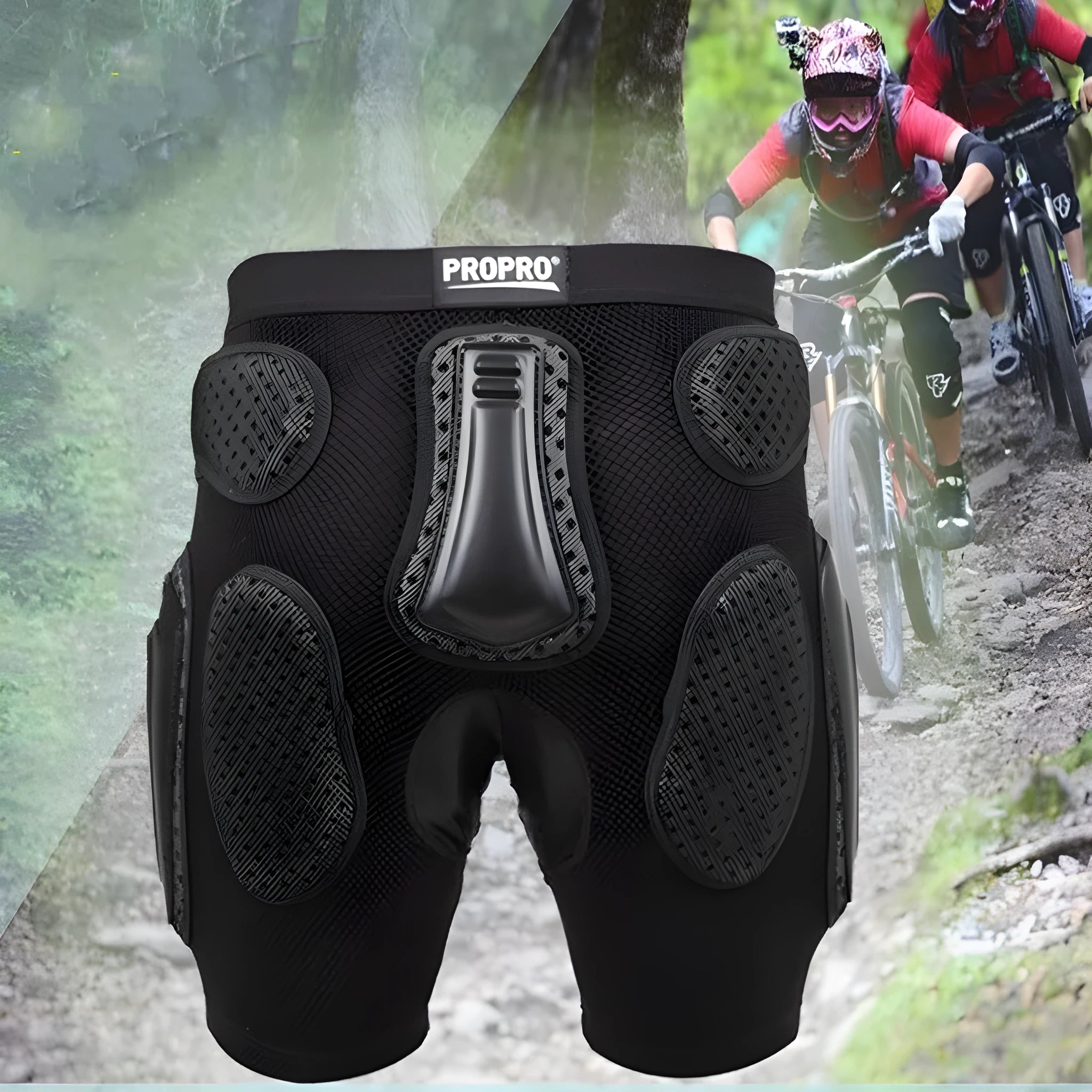 Black cycling hip protection pants showing protective padding area, available in sizes S M L XL