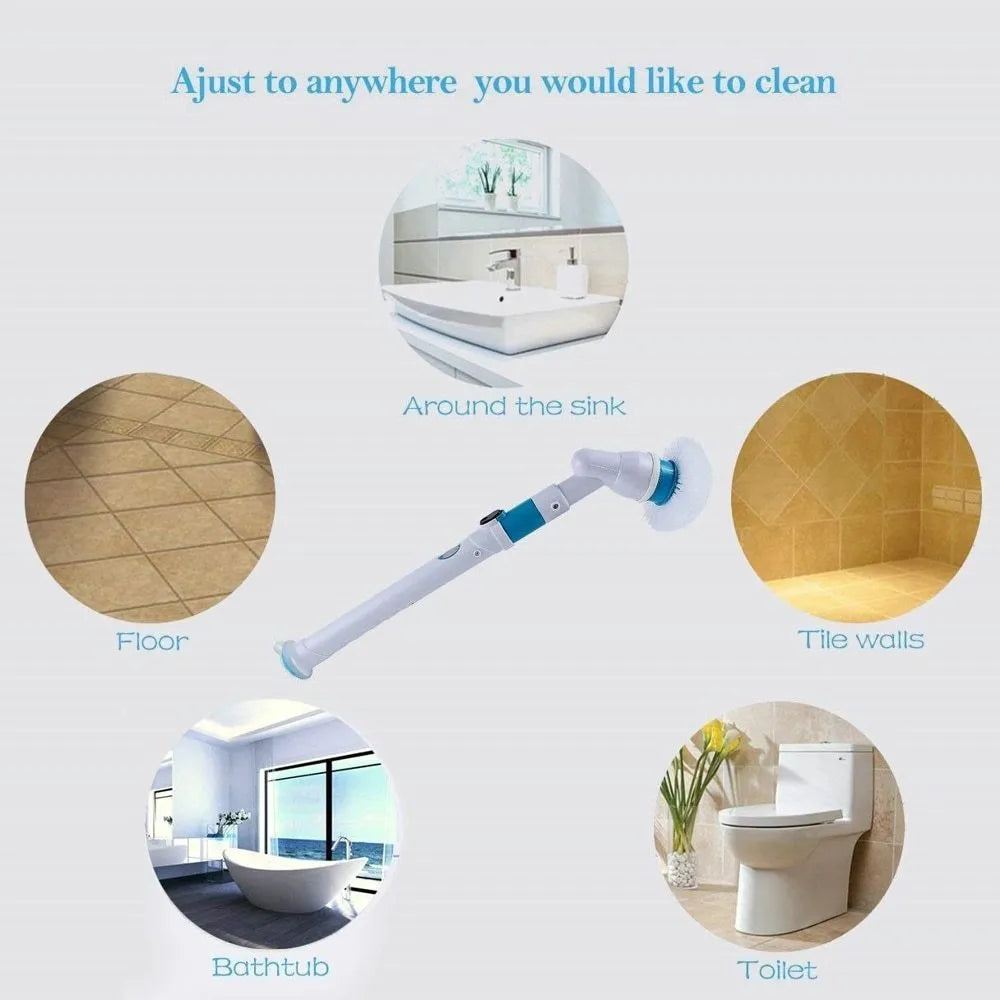 Blue rechargeable electric cleaning brush with retractable extension rod and three brush heads