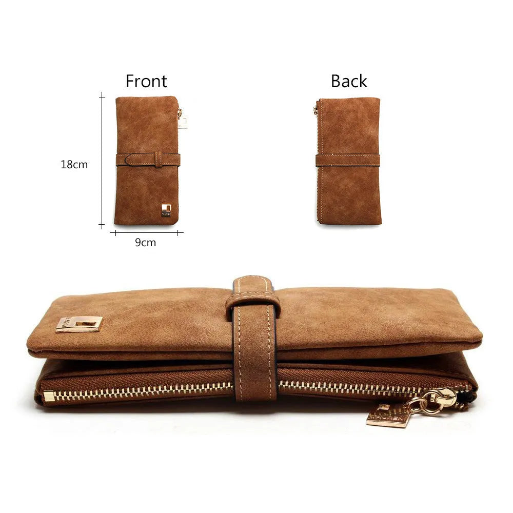 Korean retro long wallet in PU leather showing vertical design, zip closure, and open view of internal compartments.