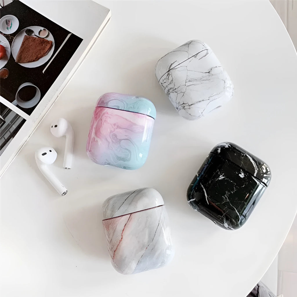 White marble pattern hard protective case for AirPods 1 and AirPods 2 wireless charging box.