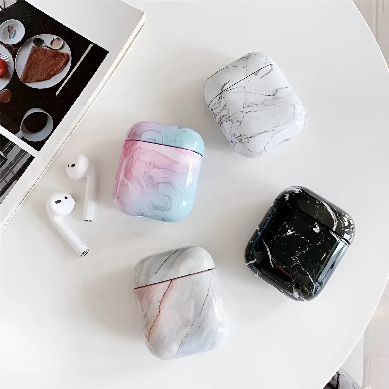 White marble pattern hard protective case for AirPods 1 and AirPods 2 wireless charging box.