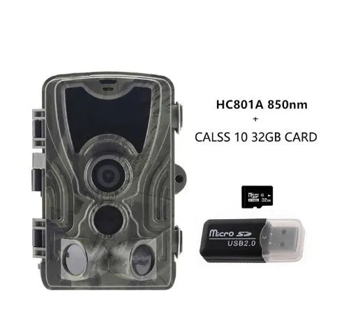 HC801A hunting camera with 36 infrared lights and 2.4-inch LCD screen mounted outdoors