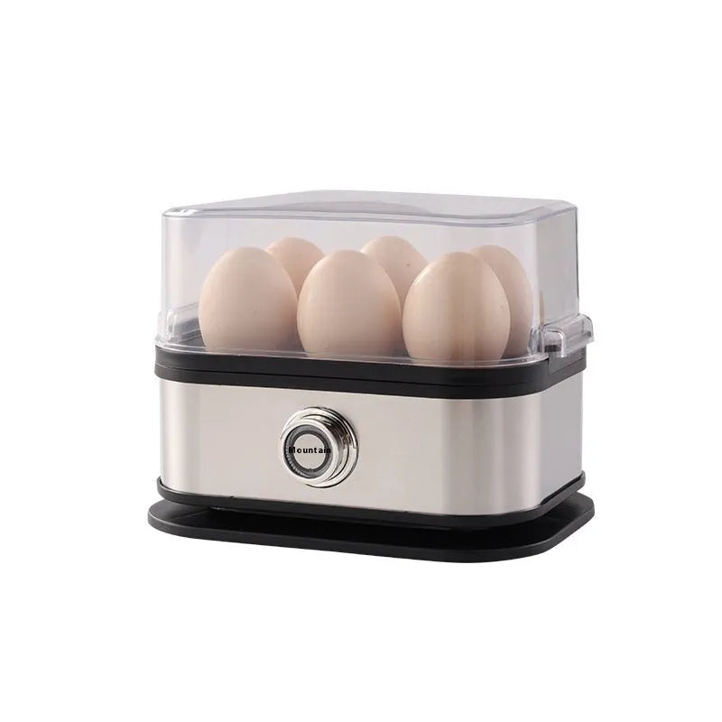 Black stainless steel portable egg boiler with a compact belt-like design for travel