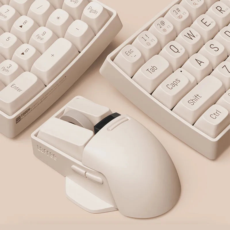 Tofu coloured wireless computer mouse with three connection modes and seven-button configuration.