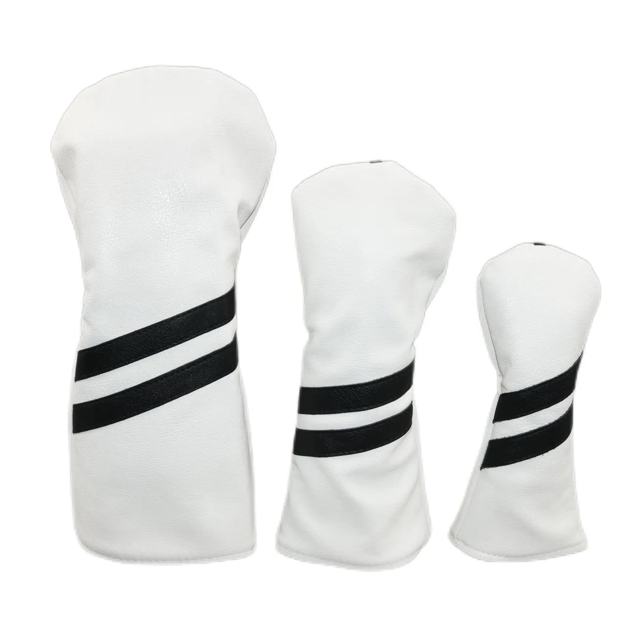 PU golf club head cover sleeve with two diagonal stripes for wood clubs, shown in multiple colours and sizes.