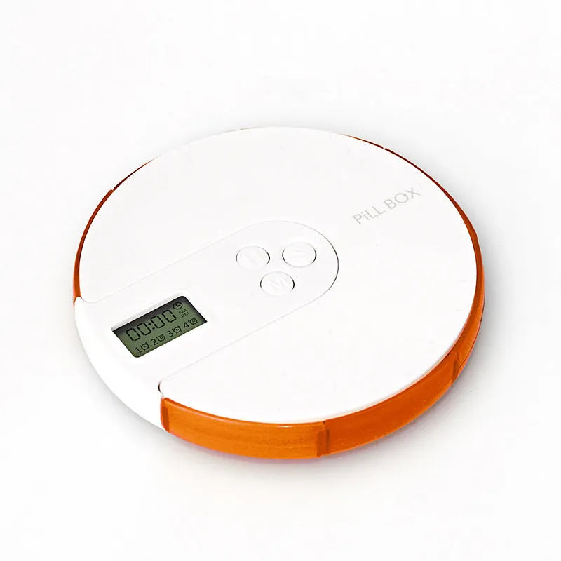 Seven compartment electronic pill dispenser with digital display and alarm clock functions in multiple colour options