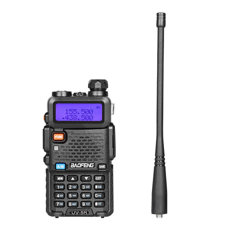 Black handheld VHF UHF walkie talkie with antenna, showing compact 110mm by 58mm size.