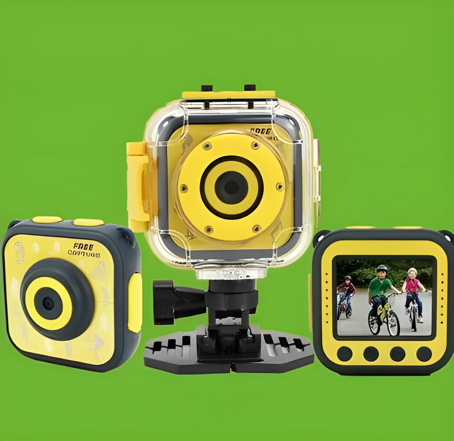 Yellow children's waterproof sports camera showing front with lens and 1.77-inch screen