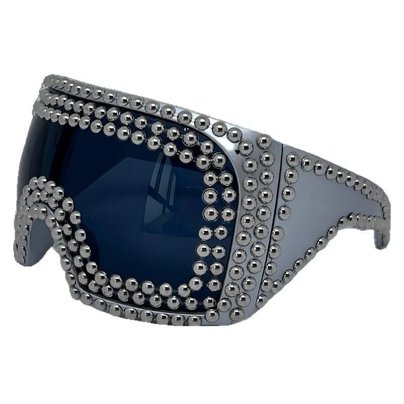 Men's punk style square sunglasses with large rim and rivet detailing in gold colour