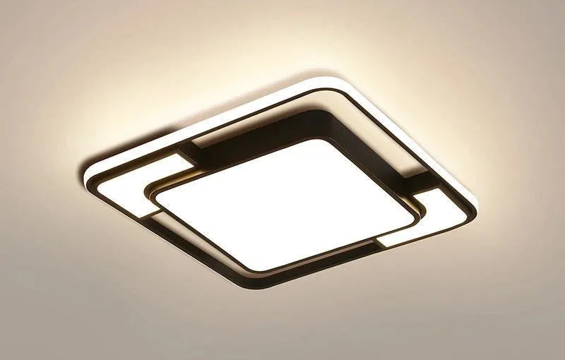 White square iron LED ceiling lamp measuring 42x42cm with integrated three-colour light source