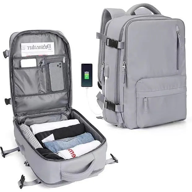 Large black nylon mummy-style travel backpack with a waterproof lining.