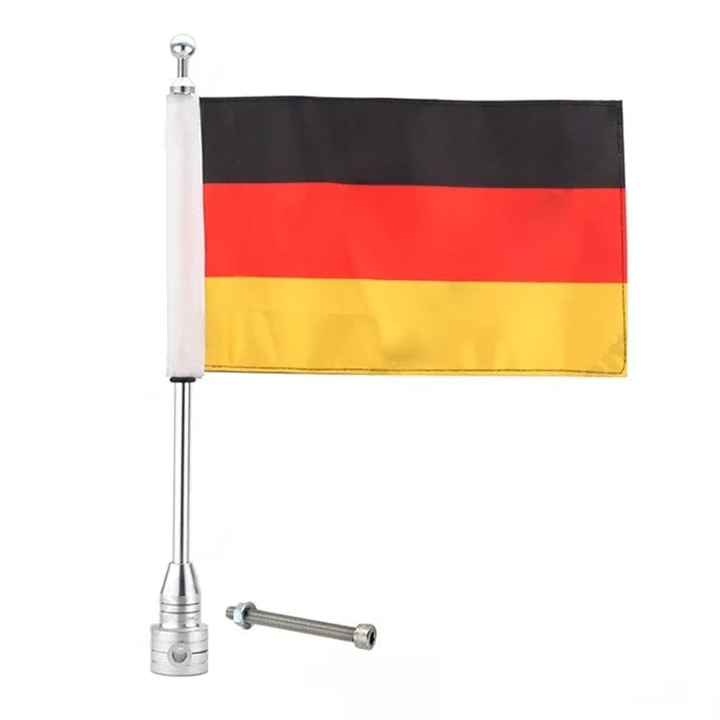 Black and silver metal motorbike flagpole for side box parcel rack mounting