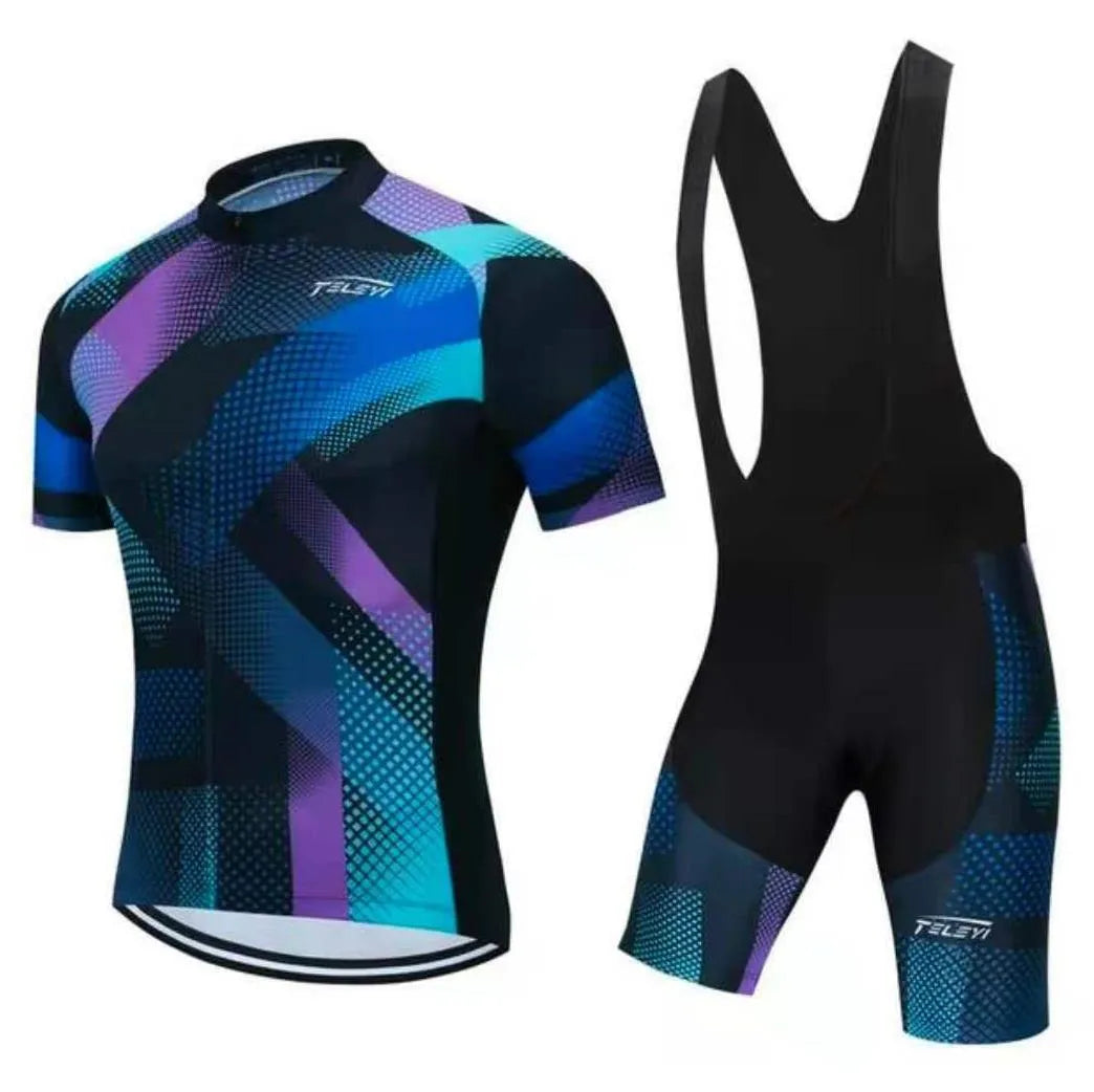 Cycling jersey and shorts set with moisture-wicking fabric in multiple colour options