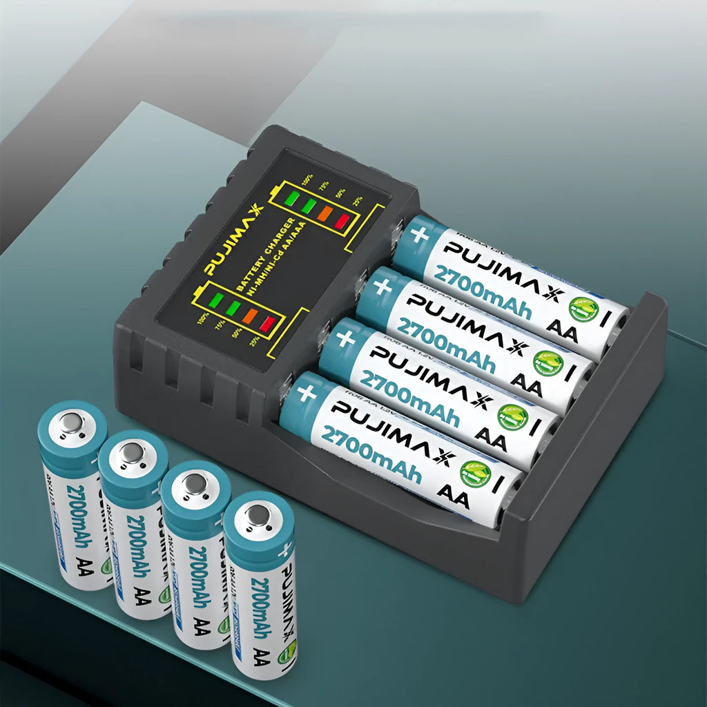 Household black Ni-MH battery charger with LCD screen showing charging status for AA and AAA batteries