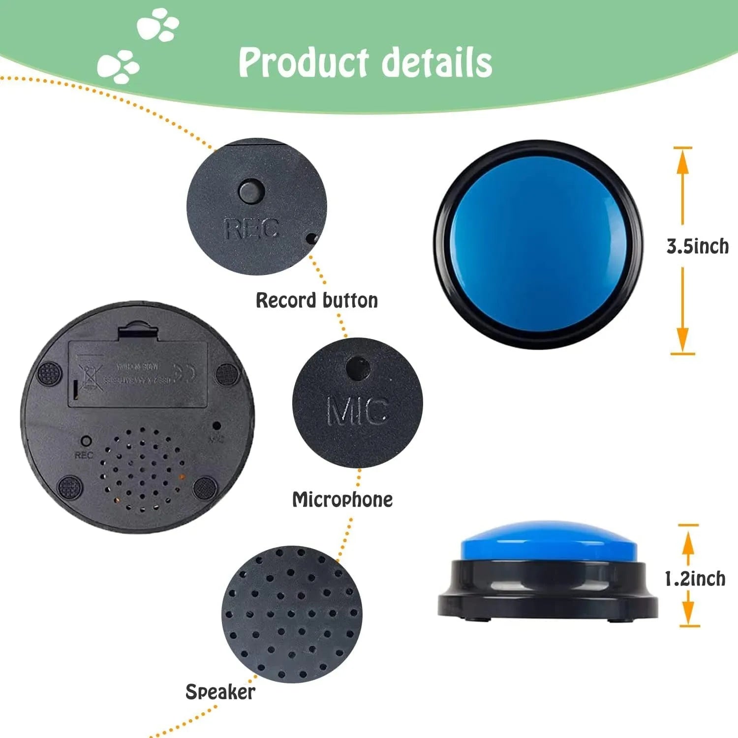 Voice recording button pet training buzzer in multiple colour options with record and playback functions