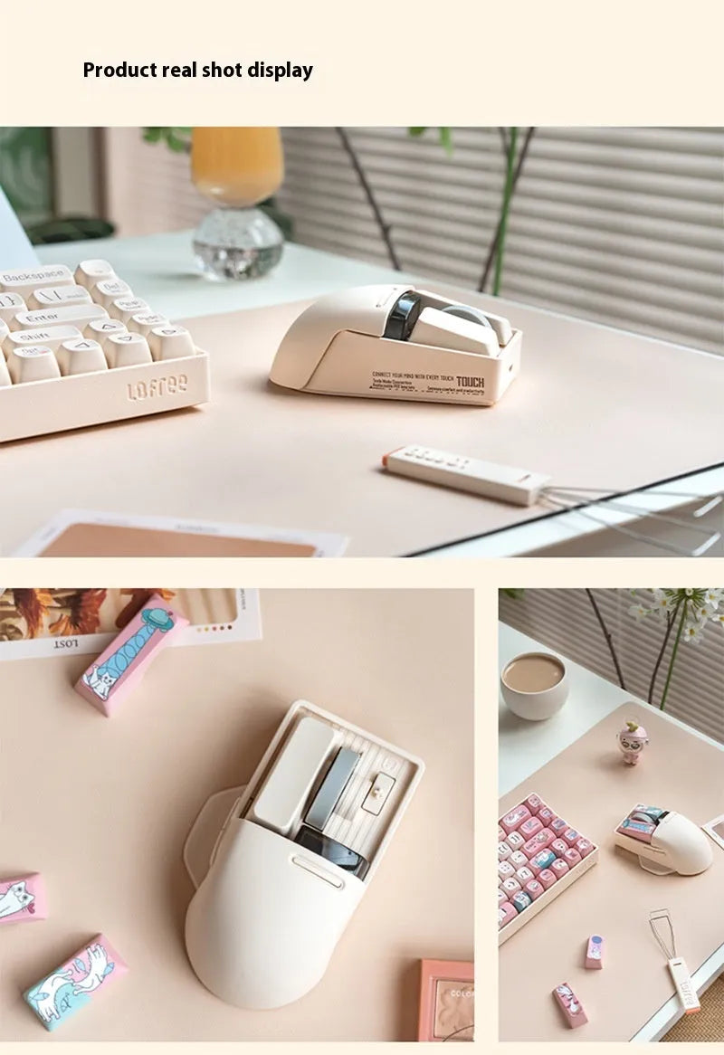 Tofu coloured wireless computer mouse with three connection modes and seven-button configuration.