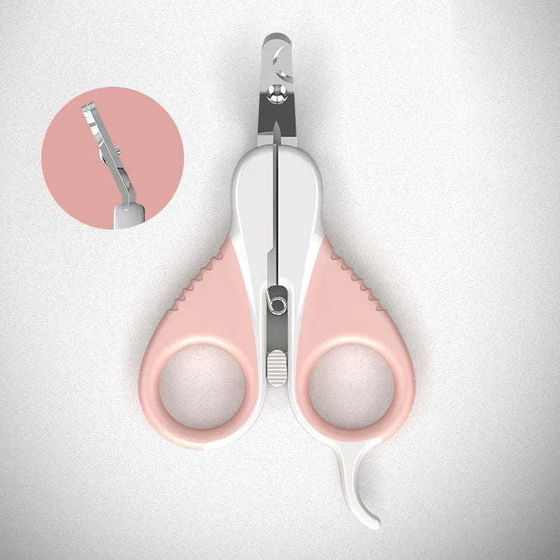 Grey and pink angled cat nail clippers with safety lock and rubberised handles.