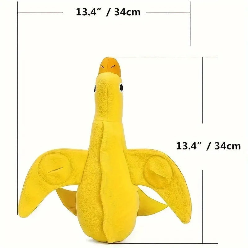 Yellow teddy dog toy with integrated duck doll, a pet training aid with sound and treat dispenser.