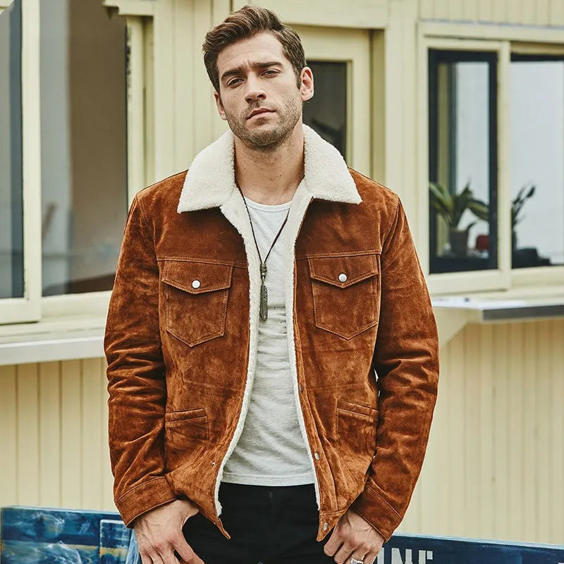 Men's brown genuine pigskin leather cotton padded jacket with lapel collar, single-breasted front, regular length straight style
