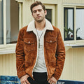 Men's brown genuine pigskin leather cotton padded jacket with lapel collar, single-breasted front, regular length straight style