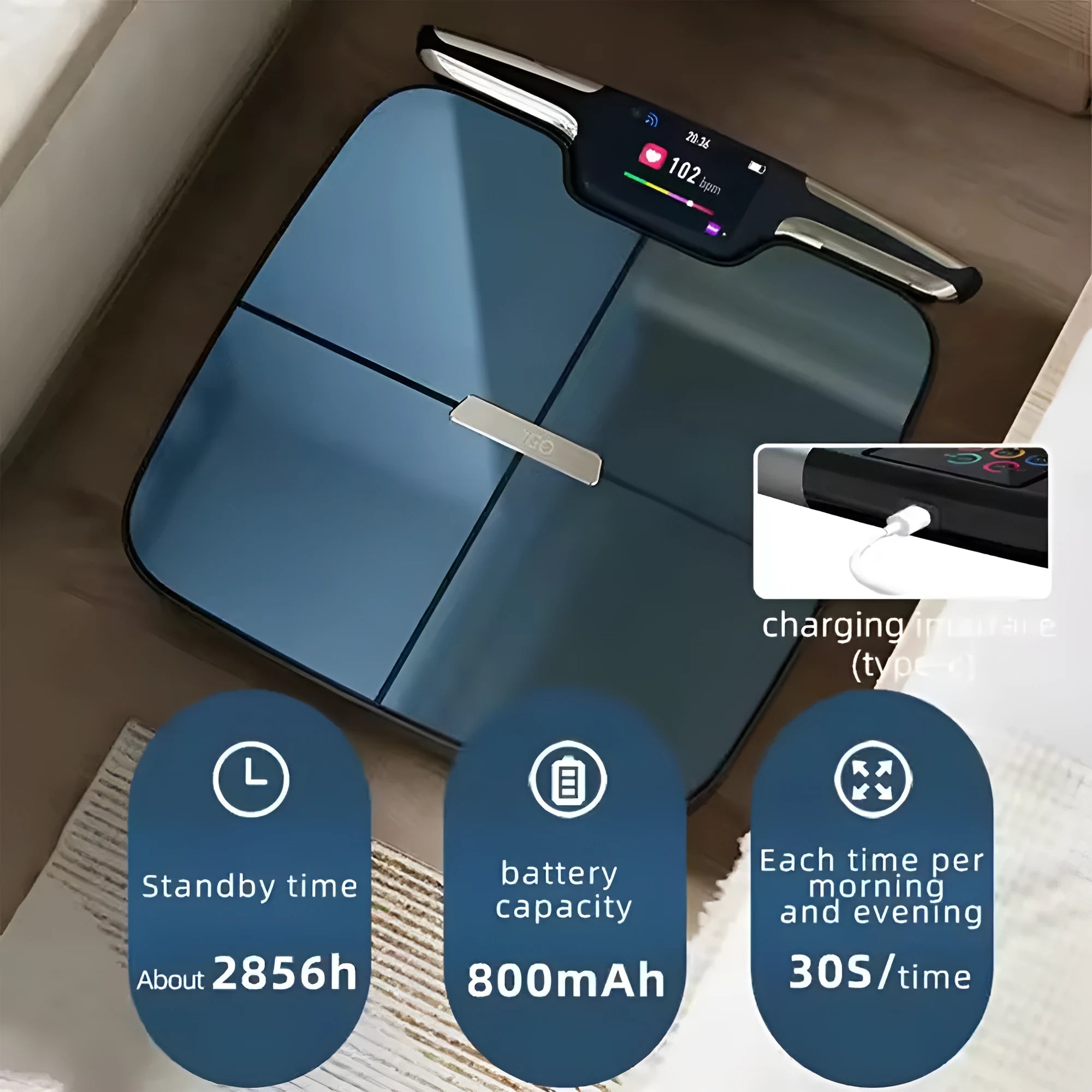 Black eight-electrode intelligent body fat and weighing scale for home use.