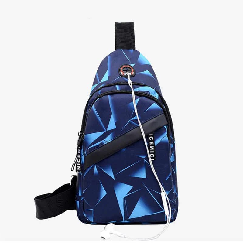 Men's Oxford cloth crossbody chest bag with earphone hole, showing zipper closure and vertical messenger style