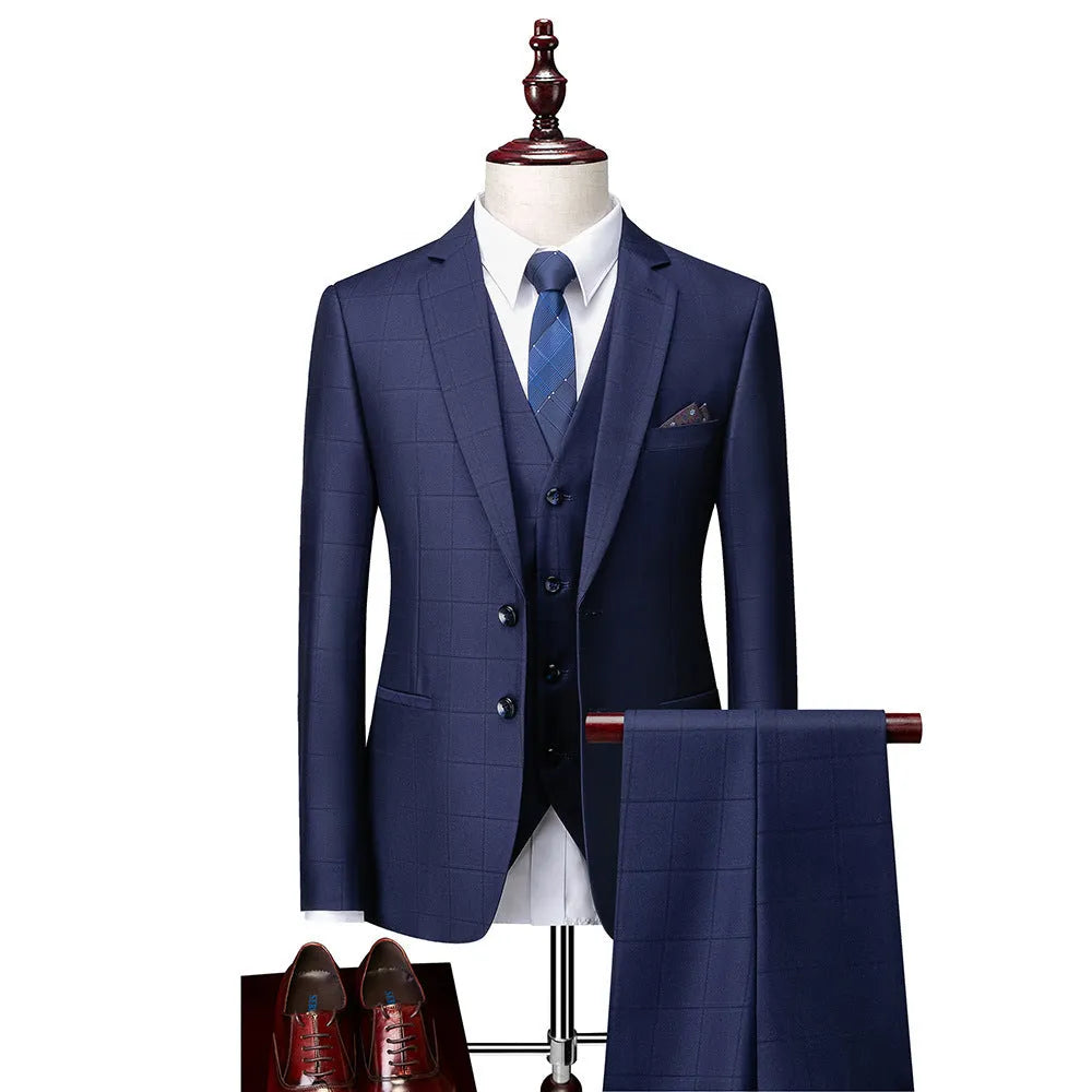 Men's navy blue plaid three-piece slim fit business casual suit with jacket, vest, and trousers