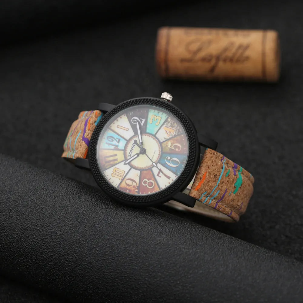Women's vintage style quartz watch with 37mm round dial on leather strap with stainless steel pin buckle