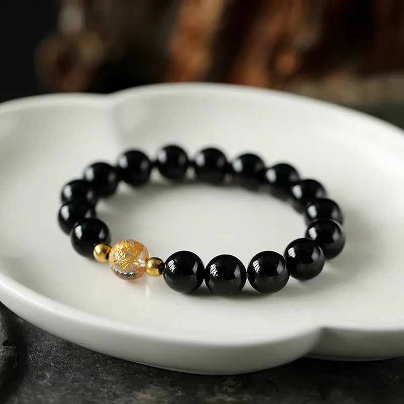 Geometric obsidian white crystal bracelet with black agate beads and adjustable 14-16 cm fit