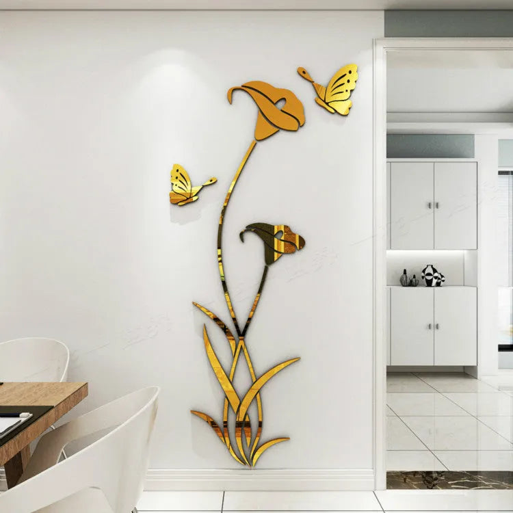 Lily flower 3D acrylic wall sticker in pink colour applied to a white wall