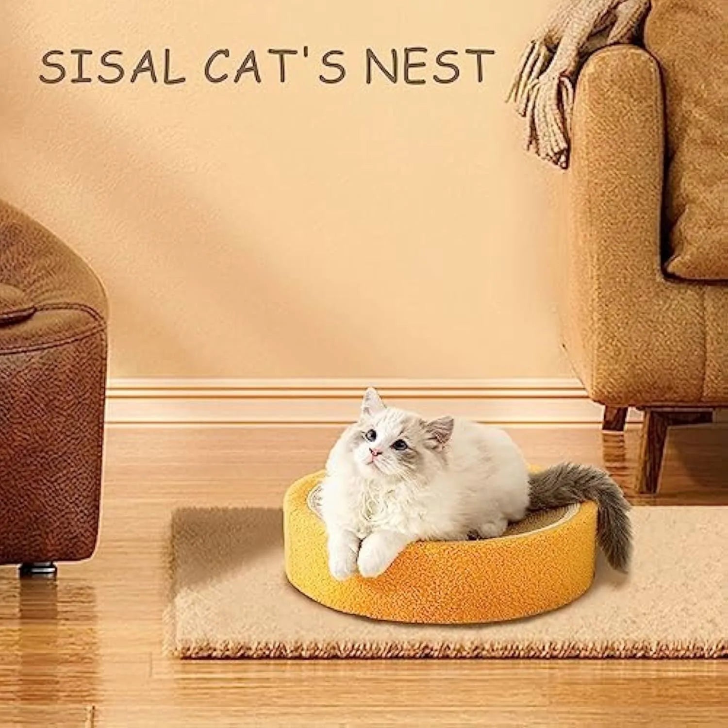Yellow round sisal cat scratching board with a concave centre for use as a cat bed.