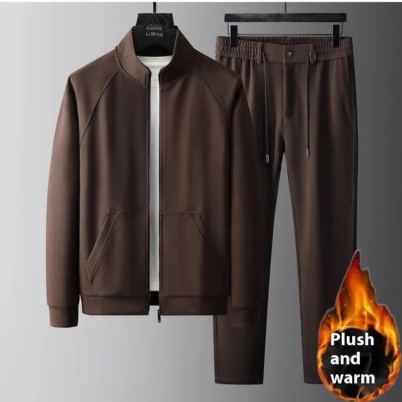 Men's slim fit stand collar casual sports suit jacket and trousers in Vinylon fabric