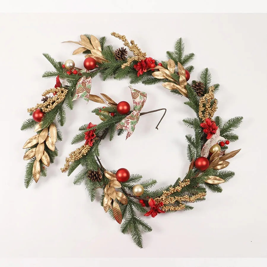 American country style artificial pine Christmas garland with optional LED lights in stair wall mounting configuration