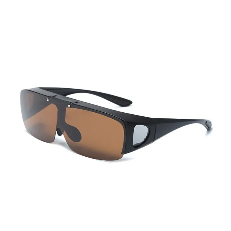 Polarized clip-on sunglasses with a one-piece frame shown in multiple lens colour options including black and grey