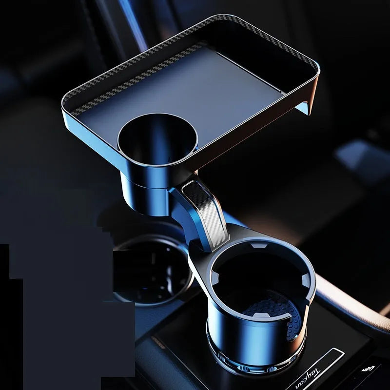 Black ABS plastic car-mounted rotating dinner tray holder installed in vehicle cup holder