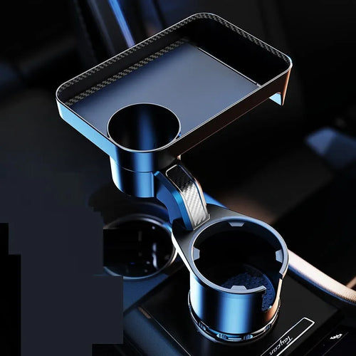 Black ABS plastic car-mounted rotating dinner tray holder installed in vehicle cup holder