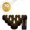 Four black S10 LED tealight candles showing flickering flame effect.