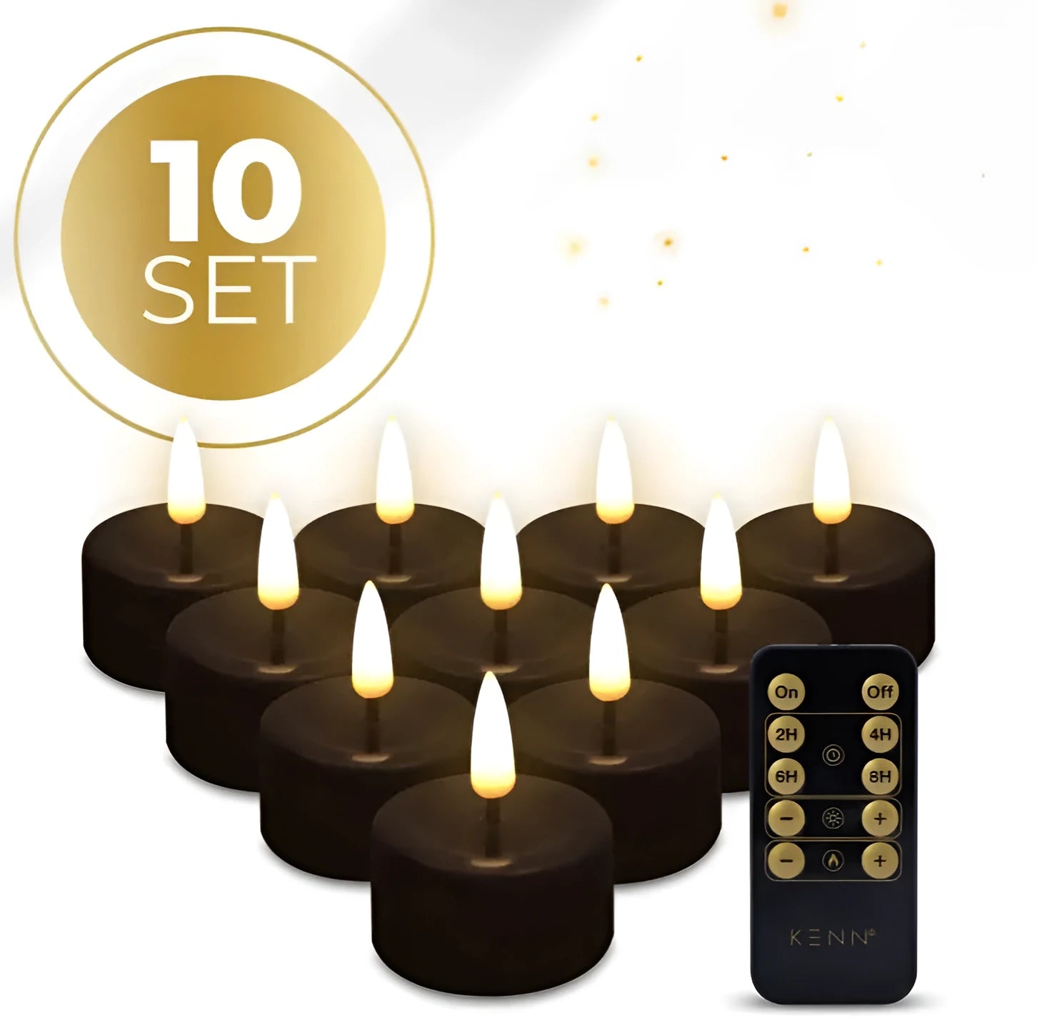 Four black S10 LED tealight candles showing flickering flame effect.