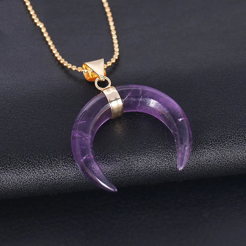 Crystal moon pendant necklace with natural stone charm on adjustable copper chain