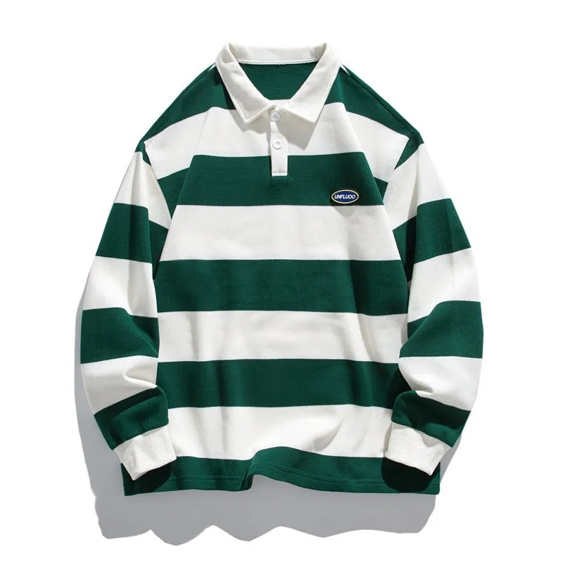 Hong Kong-style striped polo shirt in pearl cotton with lapel collar and loose fit