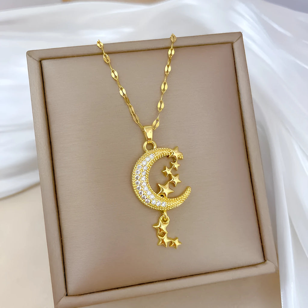 Geometric moon necklace with stainless steel chain and copper pendant centrepiece