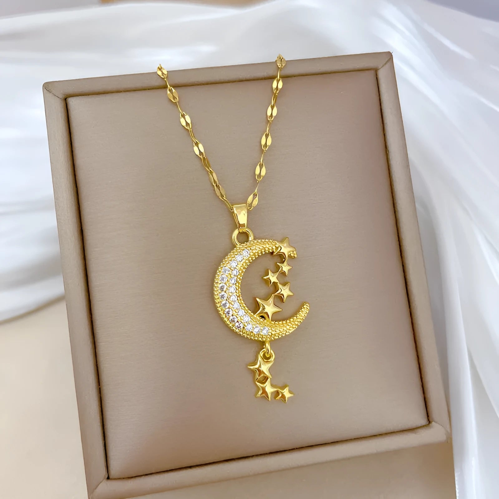 Geometric moon necklace with stainless steel chain and copper pendant centrepiece