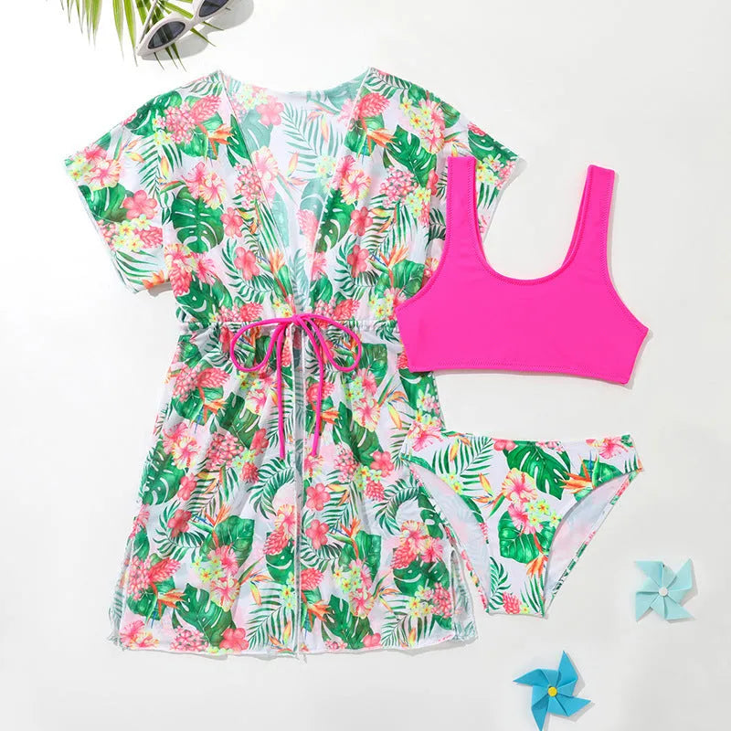 Girls' two-piece swimsuit with floral pattern, briefs style, for swimming and wading sports