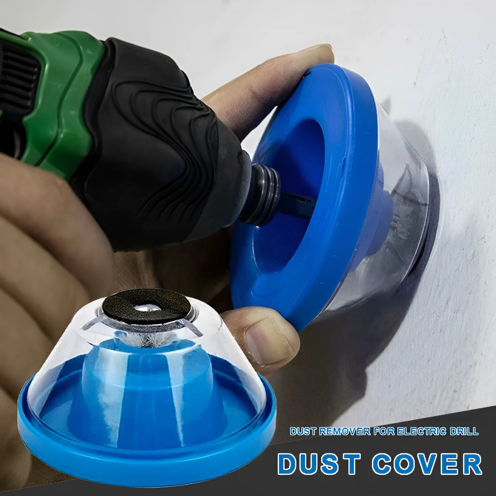 Blue electric hammer dust cover accessory for drilling debris collection