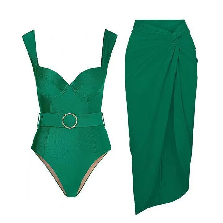 Women's one-piece swimsuit with gauze skirt in polyester fabric, showing sleeveless design