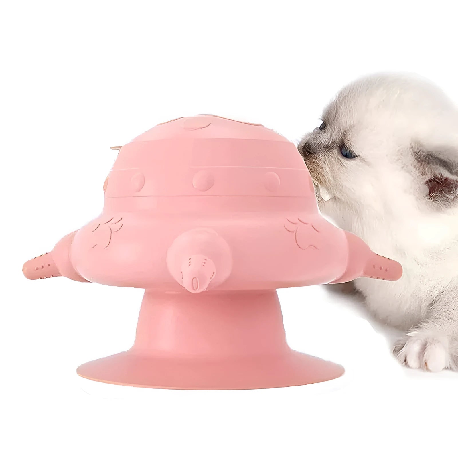 Pink silicone pet milk feeder with four nursing pacifiers and a lid on a flat base.