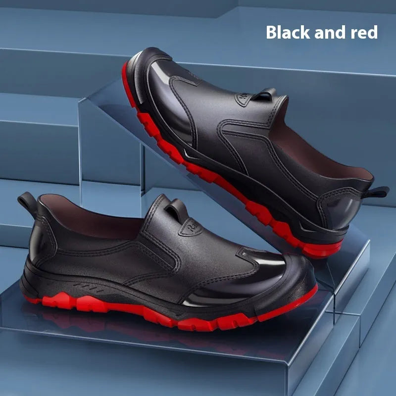 Korean style short tube PVC rain boots in black and red with non-slip rubber soles