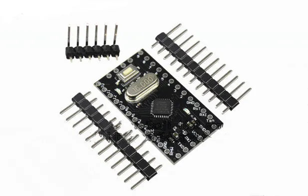 Mini Pro Atmega328P-AU microcontroller circuit board showing pin headers and components.